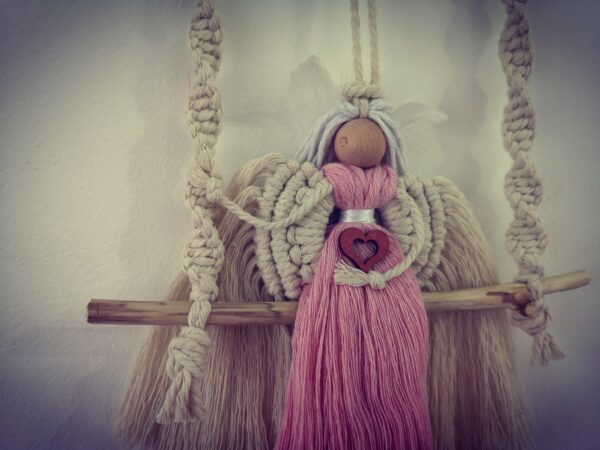 Handmade Macrame Angel on Wooden Round Swing