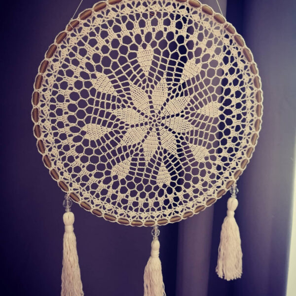 Handmade Wall Crochet Round Decoration With Fringe Zoom in